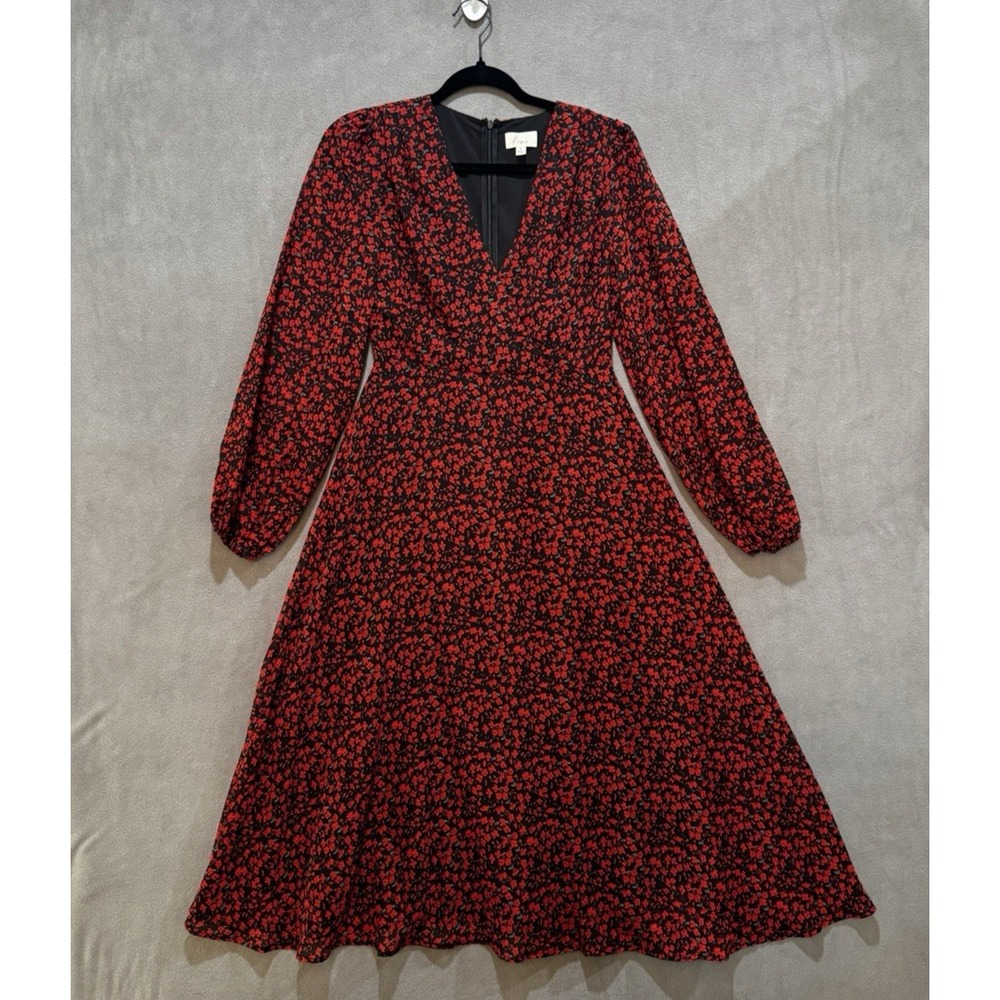 Lena Womens Red Black Floral Chiffon V-Neck Balloon Sleeve Midi Dress Size S